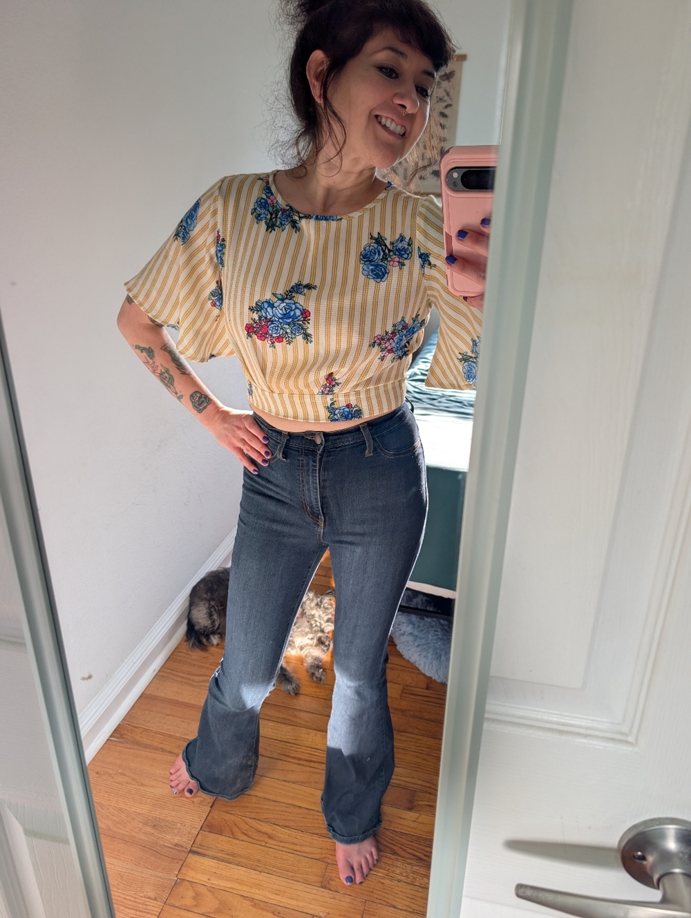 Papermoon Yellow Striped Floral Crop Top